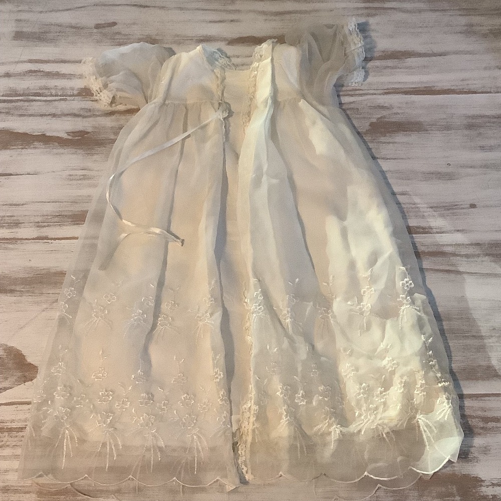 VTG White Lace & Organza Baby Girls Christening Baptism Gown Floral Embroidery - Picture 2 of 11